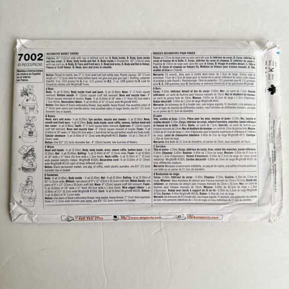 Simplicity 7002 Sewing Pattern Decorative Basket Covers Witch Snowman Bunny Bear - Picture 2 of 2